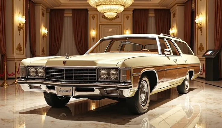 "A hyper-realistic, ultra-HD digital render of a 1969-1972 Chevrolet Kingswood Estate in cream color, parked inside a luxurious exhibition hall with warm ambient lighting. The car is positioned straight, showcasing its classic full-size station wagon desig...