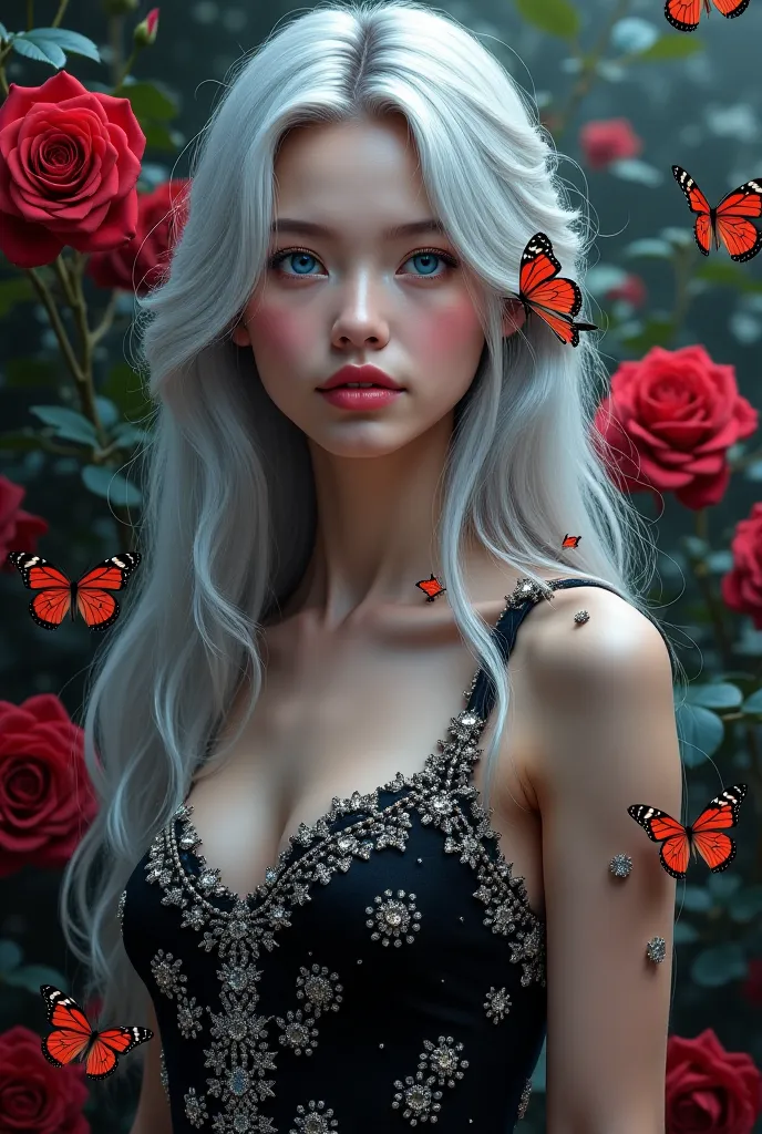 "A young woman of ethereal beauty with long silver hair, Digital Art,  bright blue eyes and flawless skin . She wears a black dress detailed with silver embroidery and precious stones,  reflecting a subtle sheen . Vibrant red butterflies surround the scene...