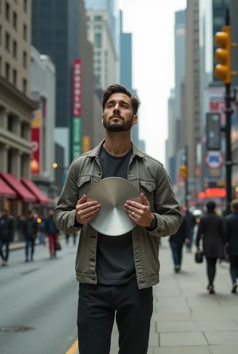 One man who takes circle mirror thing on his both two hands street on his chest