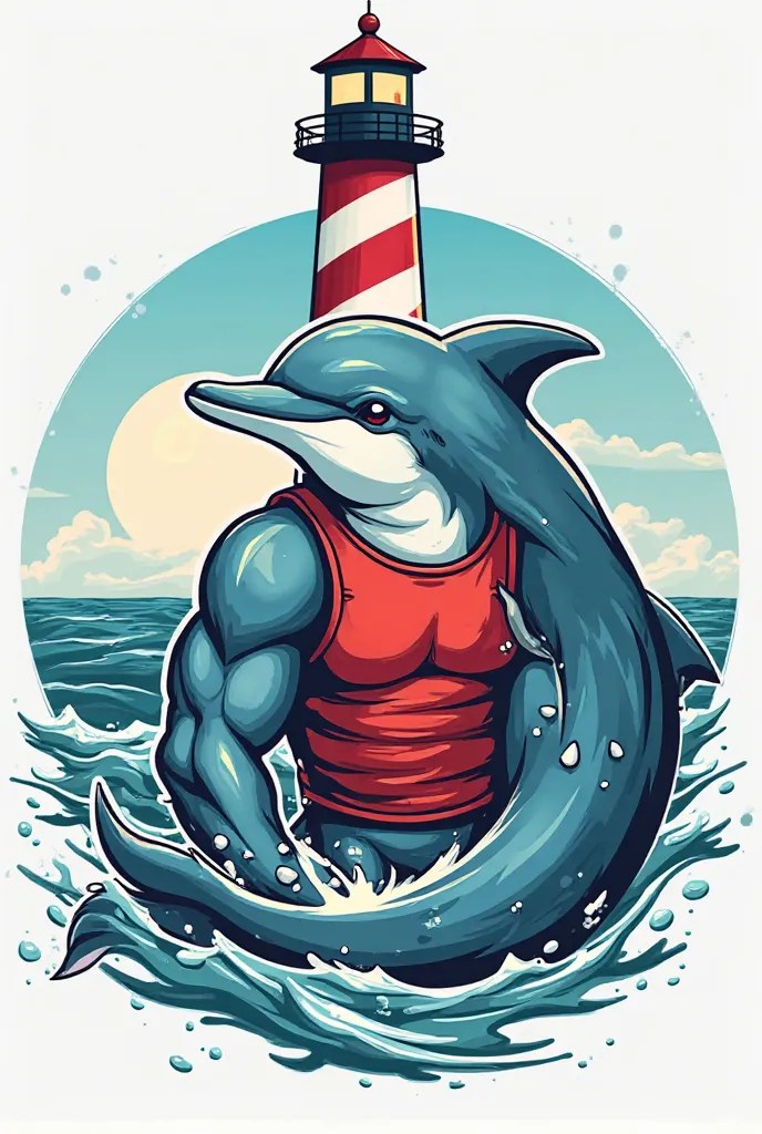 Create an emblem for the lifeguards at Praia dos Molhes in Torres in Rio Grande do Sul, Containing the springs with the lighthouse, A strong dolphin, muscular and with a confident face wearing a lifeguard tank