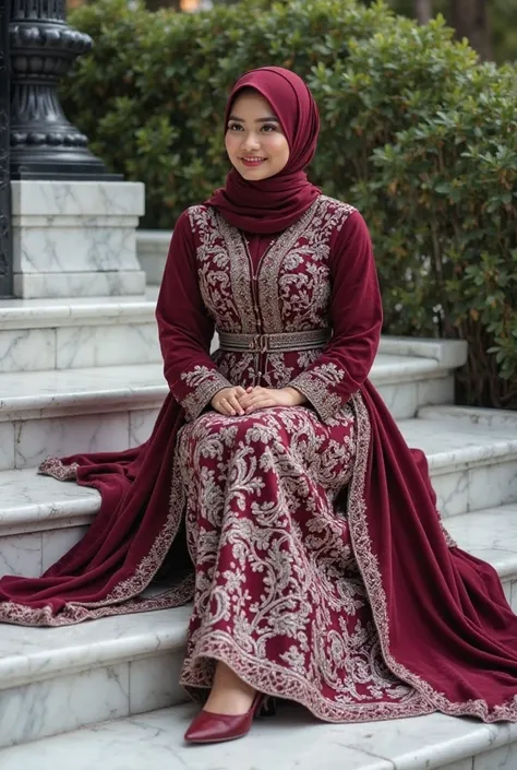 "Design an elegant and luxurious scene featuring a beautiful chubby woman with long layered hijab,softly smiling dressed in a burgandy traditional batik javanese indonesia etnic embroidered outfit with intricate batik patterns in shades of white and silver...