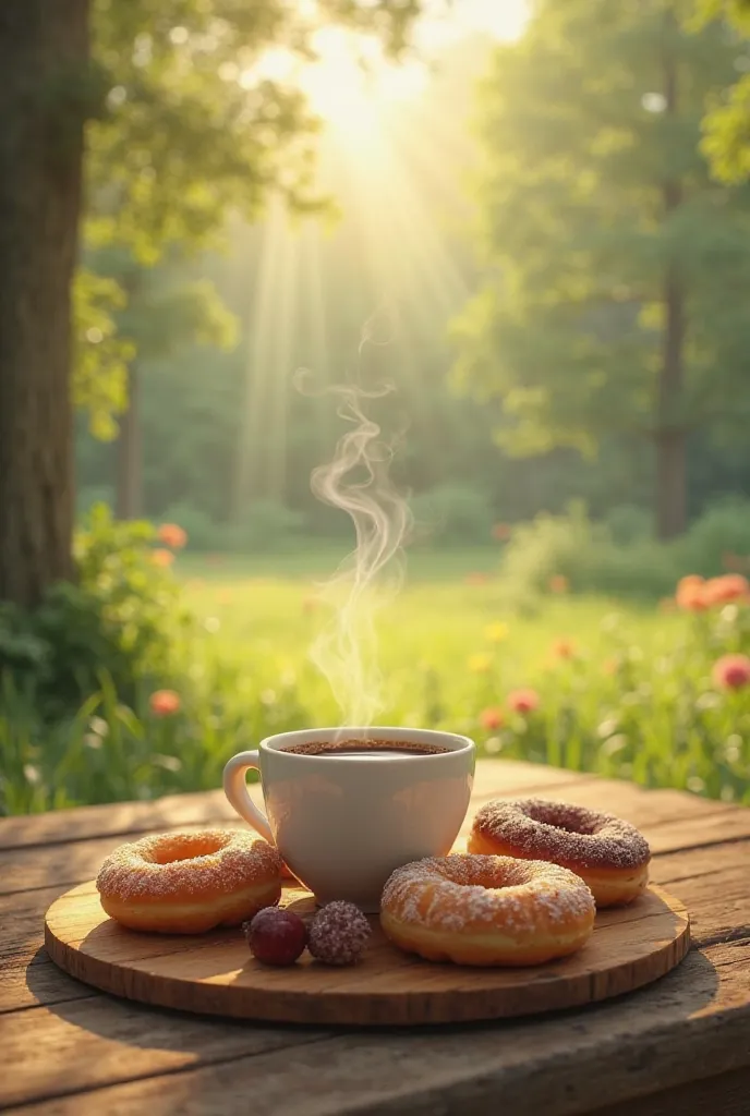 A cup of coffee and donuts in a forest meadow 
