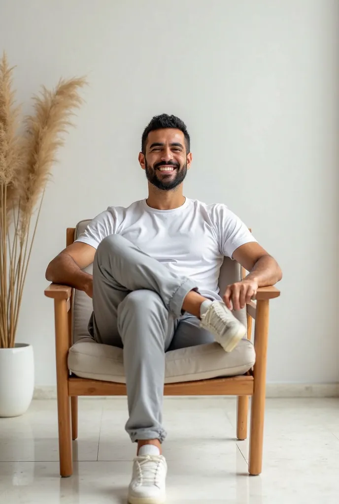 arabic man smiling and wearing sports clothes t-shirt and pants siting in wooden chair and chair in white floor