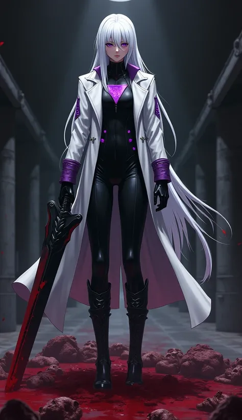 Imagine a man standing on top of a pile of dead people he's tall, long white hair, She has a large black sword with purple details on her hand and wears a white overcoat, black bodysuit with purple triangle in the middle of the chest, dress pants and comba...