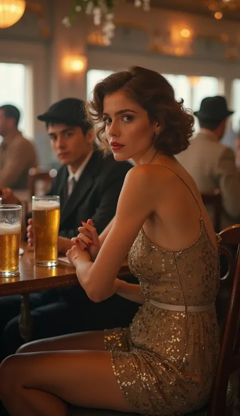 Across from you, a young woman sits at a table, holding a beer in one hand, her gaze locked onto yours in a mysterious and seductive way. Her hair is carefully styled in the characteristic waves of the 1920s, and she's wearing a shimmering dress, the fabri...