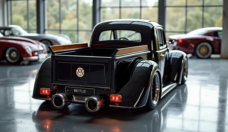 A realistic, high-quality image of a modified 1970 Volkswagen Beetle pickup truck seen from the back view. The car maintains its classic curves but has been upgraded with a glossy black paint job and a more aggressive, aerodynamic design. It features four ...