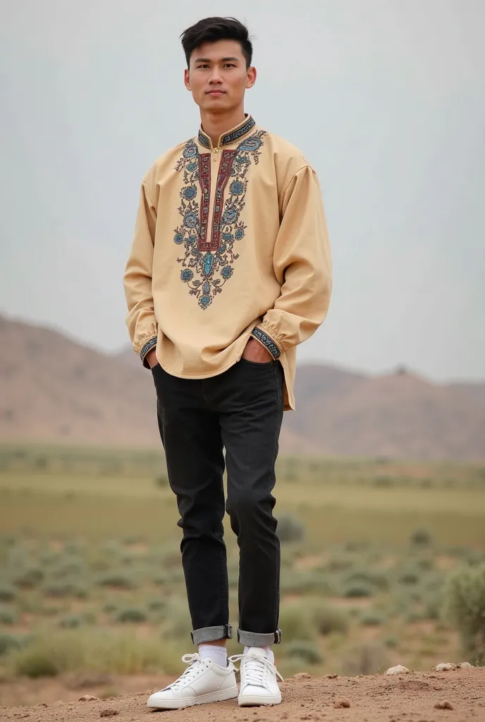 Beige mongolia national shirt, black jeans, white sneaker, male in clothes