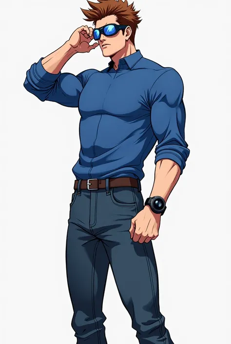 Side view profile of marvel comics scott summers, royal blue fitted long sleeve pullover with pulled sleeve, big black watch, full brown hair, lowering red full cover eyeglasses with one hand,  navy blue jeans and brown shoes,full body image, isolated on w...