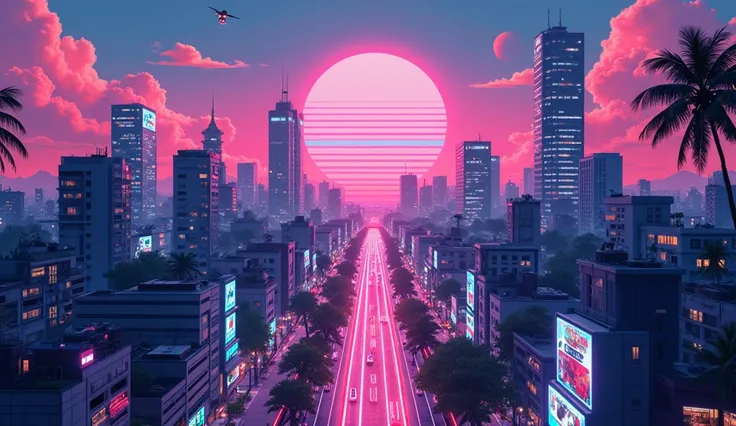 Urban landscape of 80's Tokyo nightscape in neon colors, retro-futuristic atmosphere. Silhouettes of skyscrapers float in a pink and blue gradient sky, while flowing neon lights shine on the streets. Pastel-colored geometric patterns move in the background...