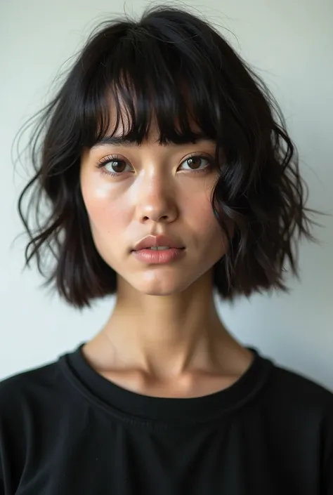 Beautiful girl with short shoulder-length hair, fringe, black and wavy, indigenous traits, Babylook black round neck shirt,  white background. looks at the camera from the front on an American plane