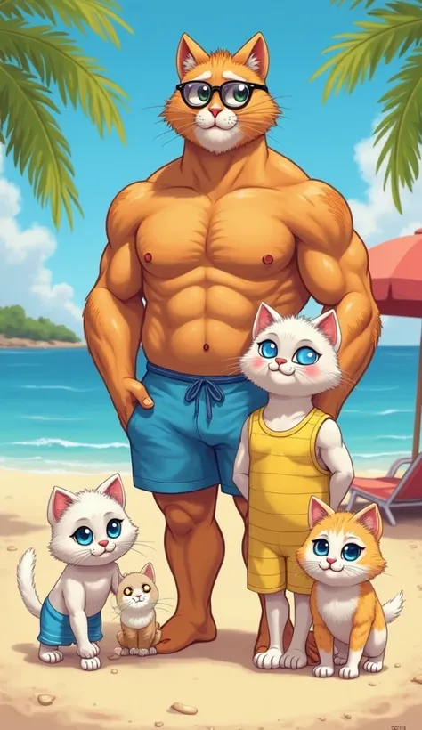  cartoon. The father cat is shirtless, wearing blue swimsuits, showing their muscular body.The mother cat is standing next to him, he also wears a yellow bathing suit.Three little, The white kittens are around him, each one wears a different beach outfit.Y...