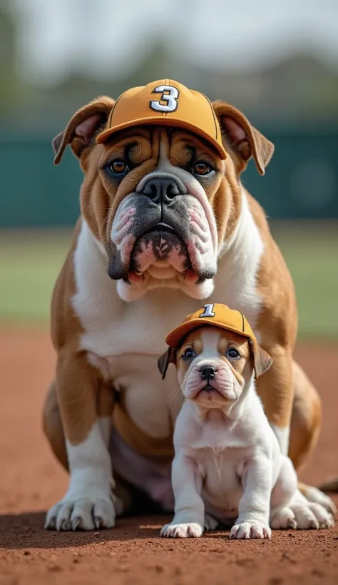 A ferocious bulldog and a newborn puppy are sitting side by side facing the camera.

The ferocious bulldog is wearing a baseball cap with the number "3" written on it. The ferocious bulldog is angry and glaring threateningly at the camera.

The puppy is we...