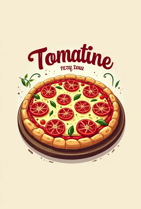 pizzeria logo with Tomatine Pizza brand on top of the pizza 