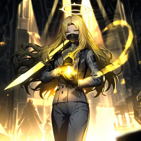 Yellow eyes yellow eyes Hold circle black mask wear suit hold sword have a broe halo and angle wing the girl