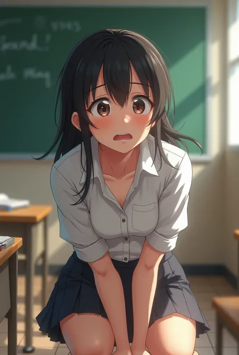 Female teacher standing on the teaching table and crouching for class on、crouching and peeing for class、chest,  blushes, tears