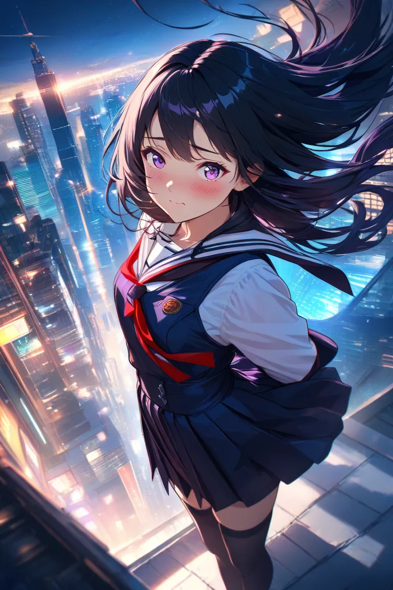 (masterpiece, best quality:1.2), (highly detailed), anime-style,
1girl, long black hair, hair flowing in the wind, wearing a Japanese sailor school uniform,
white blouse, red ribbon, black pleated skirt, black thighhighs,
standing on a nighttime city stree...