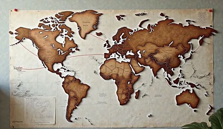 A detailed world map pinned to a wall with red string connecting different locations across five countries. Coordinates and notes are scribbled around the map.