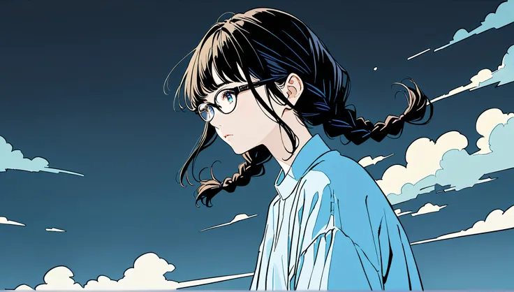 ((cloud))、((alone)),((null)),wind、((Transparency)),(( neon color)), expressionless,((Black hair long hairstyle with braids)),(((black rimmed glasses))),masterpiece, Highest quality, Beautiful attention to detail, Very detailed, In detail, High resolution, ...