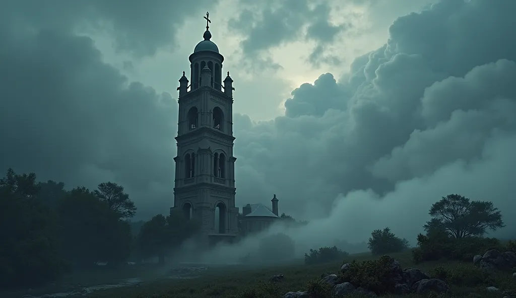 The camera shows a 17th century bell tower. The bell rings the alarm. The sky is covered by lead clouds. Cinematic style, fantasy