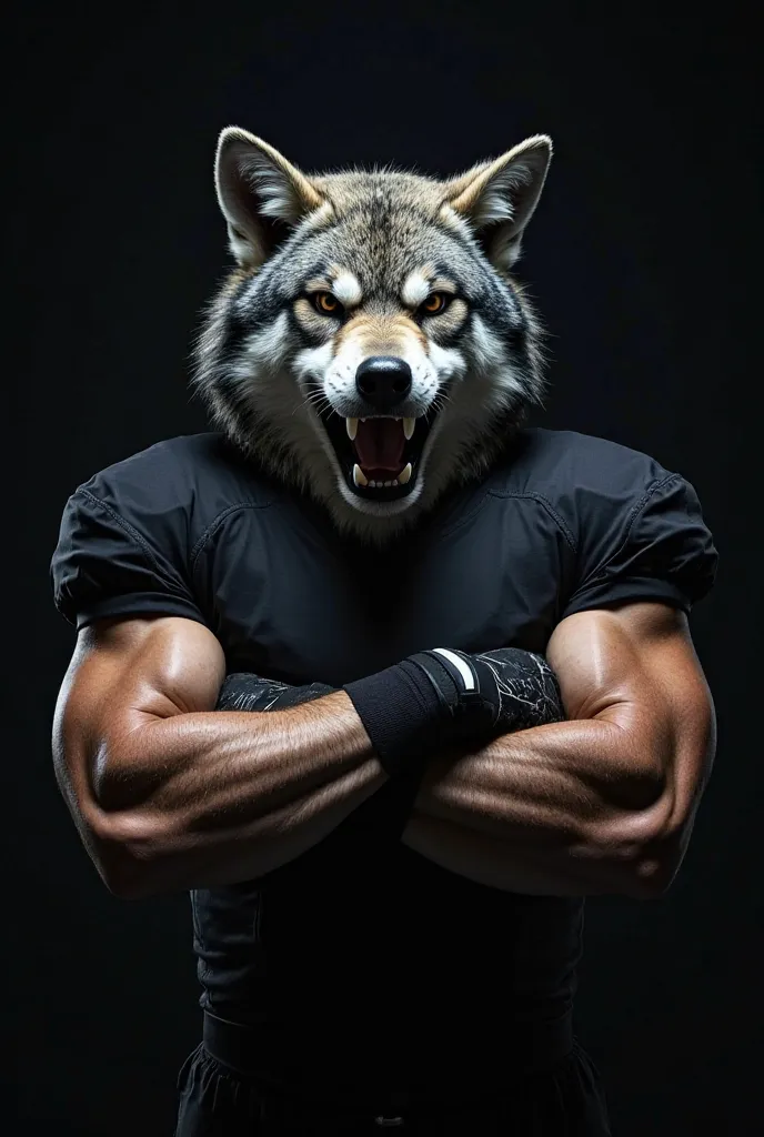 "A powerful and fierce-looking wolf mascot of a football team. The upper body of the wolf is visible, standing with arms crossed in a dominant pose. The wolf has an intense, aggressive facial expression, showing determination and strength. It is wearing a ...