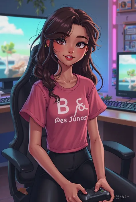  avec :  cheveux bruns boavec : cheveux bruns bouclés moyens , yeux bruns, , un t-shirt rose et un legging noir . écrit sur son t-shirt avec B &Des jeux. Elle est dans sa salle de jeu et a des manettes Xbox Series S, couleur blanche
 Mario Kart is a super ...