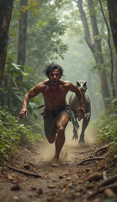 "First-person perspective of a prehistoric hunter sprinting desperately through an ancient forest, running directly toward the camera while being chased by a Velociraptor. His muscular arms pump furiously, and his bare feet slam into the muddy earth, kicki...