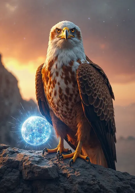 A majestic golden eagle, with golden-brown plumage and immaculate white feathers, approximately s, in an upright and imposing posture, its slightly curved sharp claws, looks directly at the camera with penetrating and serious expression.   Your head is sli...