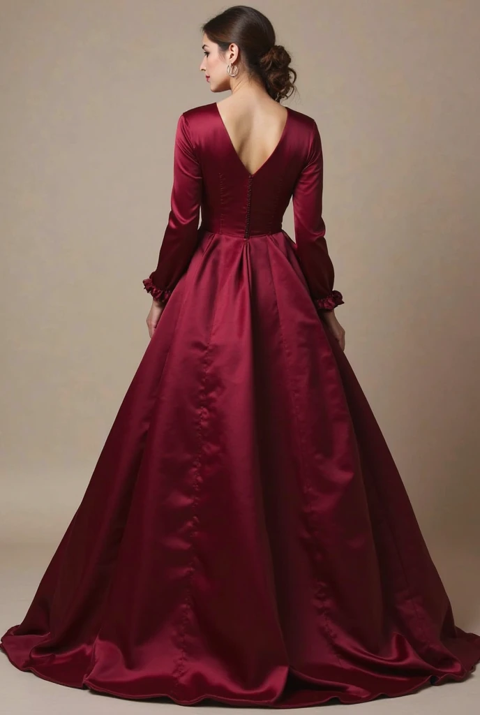 With long sleeves tied, covered back and v-cut on the chest, From the chest to the waist tied and from the hips it starts to be pompous princess-type and long, undecorated, wine color plain satin fabric
