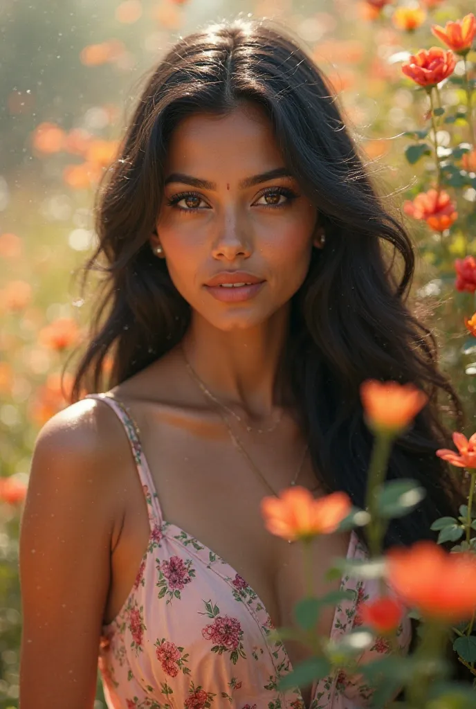 A stunning Bangladeshi girl, her expressive deep-set eyes captivating, framed by glossy black hair contrasting with her radiant skin, poses elegantly in a blooming garden bathed in soft morning light.