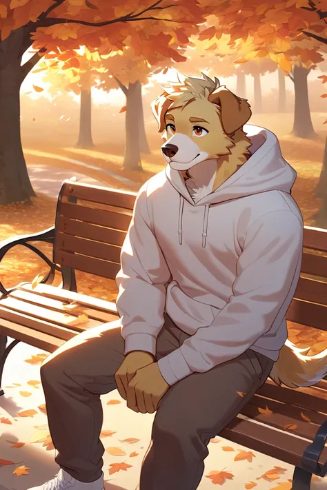 anthro dog male, golden retriever features, short sandy-blonde fur, warm brown eyes, fit physique, plain white hoodie, sitting on park bench, autumn leaves falling, soft daylight, friendly expression, minimal shading --ar 3:4 --v 6.0