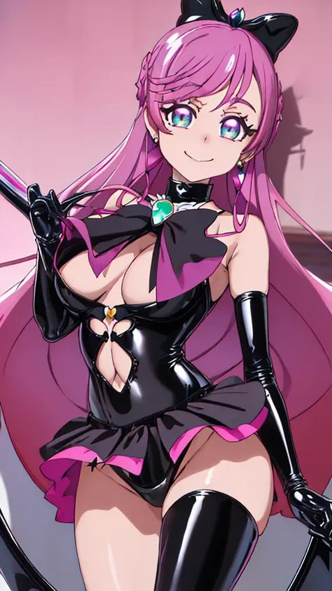 Highest quality,  super precise,1 girl, Alone, ((cure_ prism_hirogaruskyprecure)),  long hair, green eye, pink hair, bow, bangs, black bow, 1 girl, , gloves, holding, viewers, black gloves, earrings,  Black Skirt with Frills, ,  black enamel boots , Malici...