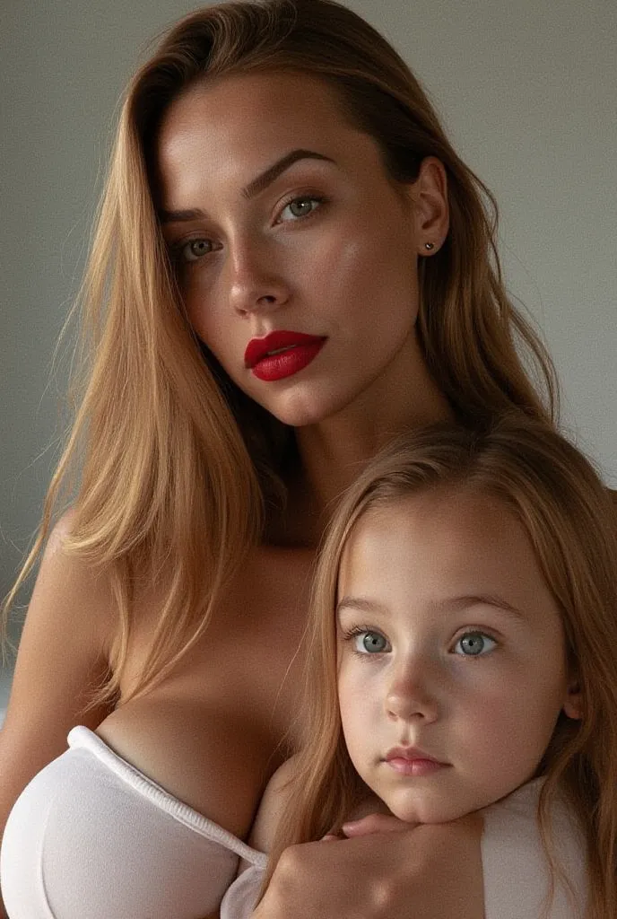 A very hot blonde beautiful mother of Scandinavian origin with big beautiful breasts wearing red hot lipstick carrying her daughter of age 4. Both staring at the camera. 8K resolution and quality.