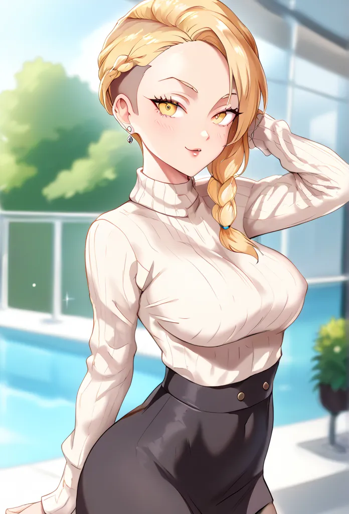 A girl, blond hair,  undercut hairstyle with long bangs and a thin braid behind, with yellow eyes ,  big breasts,   with a sweater ,  with a black skirt ,  wearing short black tights 