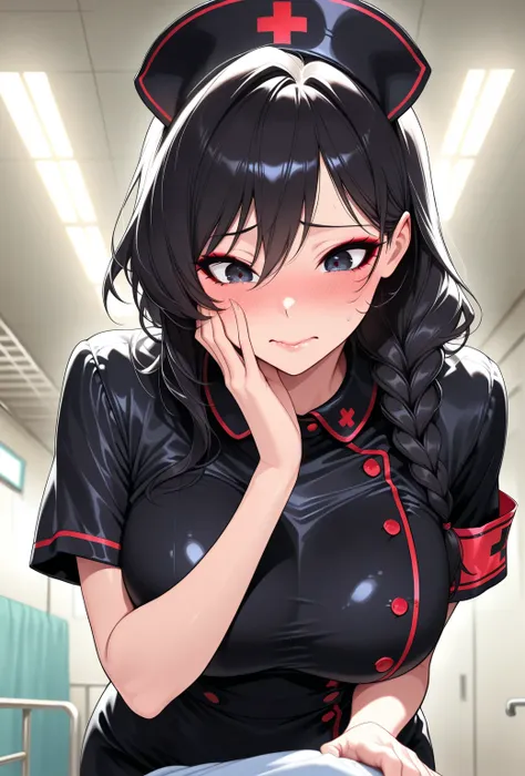 1 woman,  Pretty beautiful girl, ((wearing black nurse clothes ,  black nursing clothes with red accents,   black hair,  braided braid)), Pure slut, captivating body, ( raises eyebrows,  embarrassed,  eyeliner, Blush),  sexy body,  beautiful eyes,   beauti...