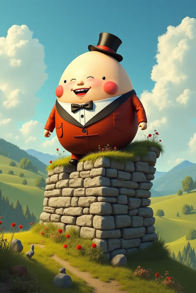 Make a image of this person as Humpty Dumpty sitting on a wall.