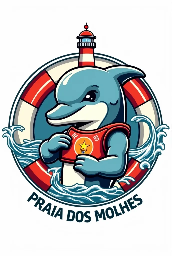 Create a round emblem for the lifeguards at Praia dos Molhes in Torres in Rio Grande do Sul, Containing the wharves with only rocks and in the end the all-white lighthouse, A strong dolphin, muscular and with a confident face wearing a lifeguard tank in th...