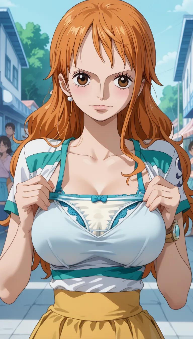  score_9,  score_8_ up,  score_7_ up,   source_anime,  (anime coloring, anime screencap:1.2),  flat color ,   goddess magazine  ,   pubic skin, we  ( Nami in One Piece),  I have orange hair,  brown eyes, , striped shirt ,  white shirt, Short sleeve,  upper...