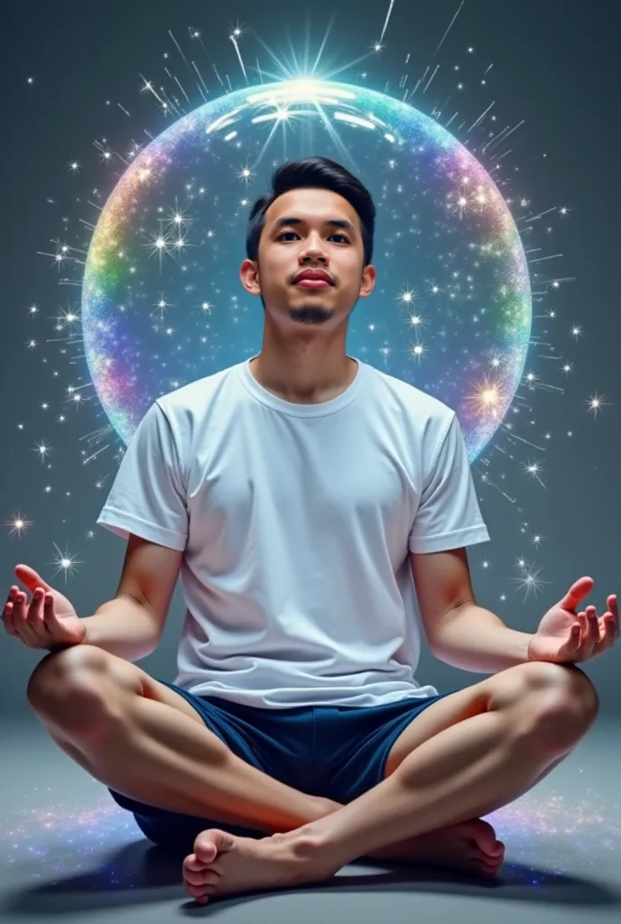 Photo of a handsome, well-built, thirty-year-old Asian man wearing a white T-shirt, navy blue shorts, no shoes, meditating with his eyes closed, surrounded by a transparent sphere. Around the transparent sphere, there are rainbow-colored sparkles, floating...