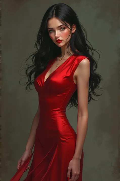 A fair-skinned girl with green eyes long black hair 1,60 tall wearing a red dress with a black heel with gold accessories 