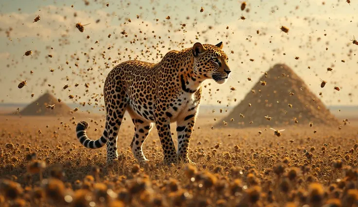 A huge number of bees on a leopard, there are more large heaps of bees than a leopard in the background of the savannah