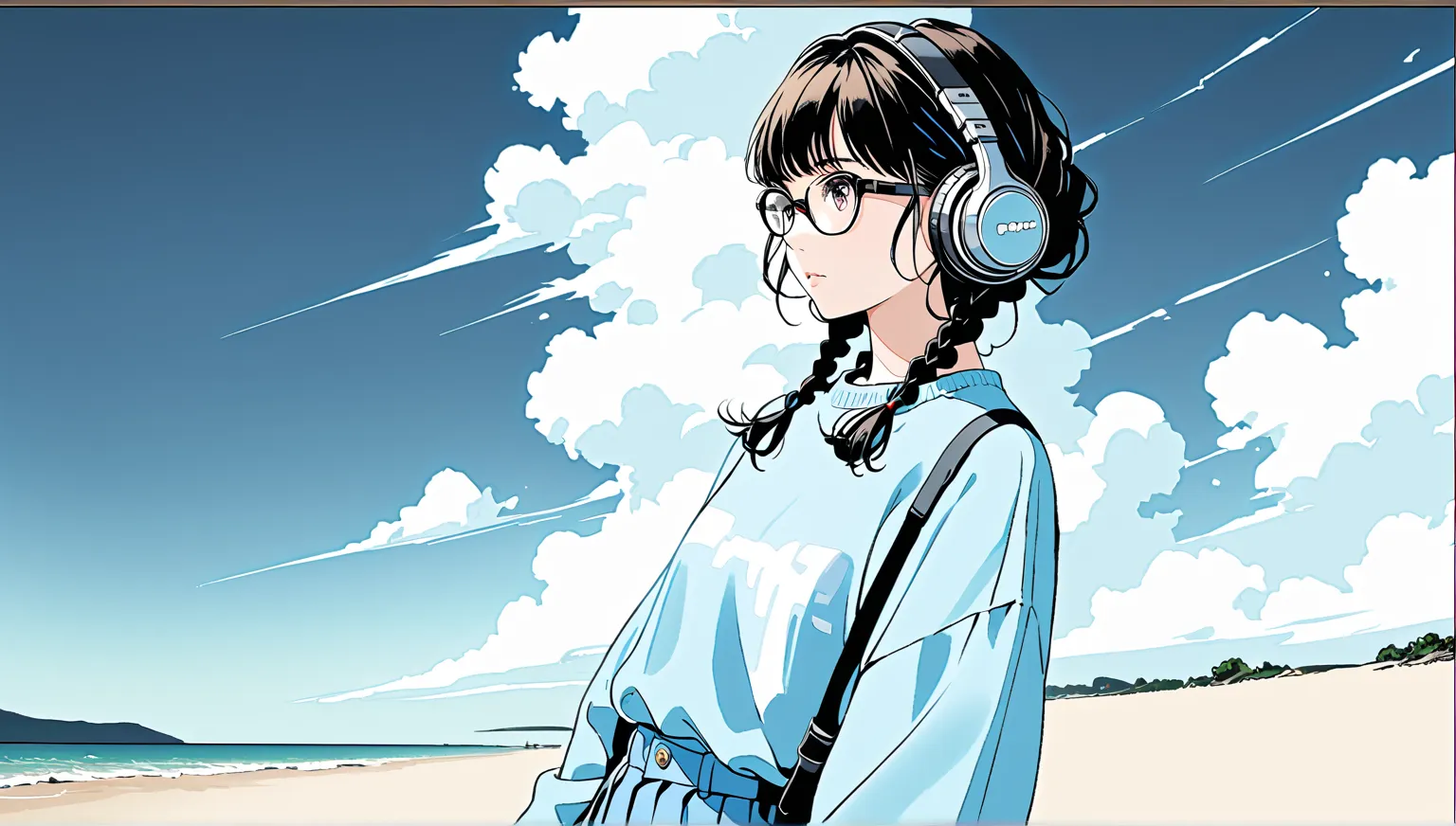 ((cloud))、((alone)),((Seaside)),wind、((Transparency)),((headphones)), expressionless,((Black hair long hairstyle with braids)),(((black rimmed glasses))),masterpiece, Highest quality, Beautiful attention to detail, Very detailed, In detail, High resolution...