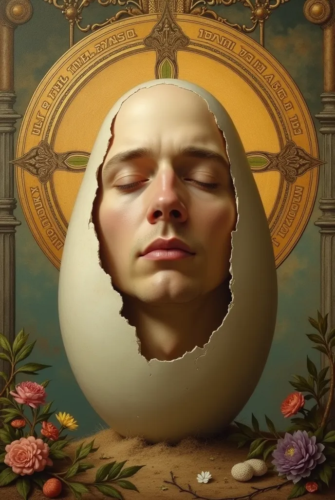 Egg with a masculine face with a Latin complexion, prophet savior of the world Davinci mural style
