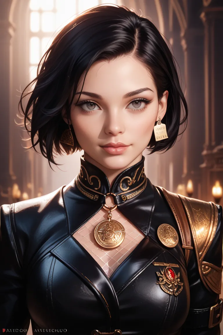 Ahe face of a woman with black hair, black gloves, and short hair