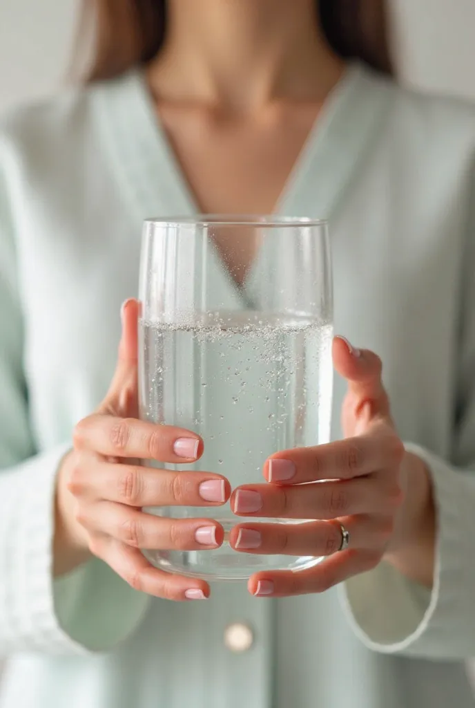 A woman hands holding a class of cold water, aesthetic, realistic, healthy, clean, underlook view 