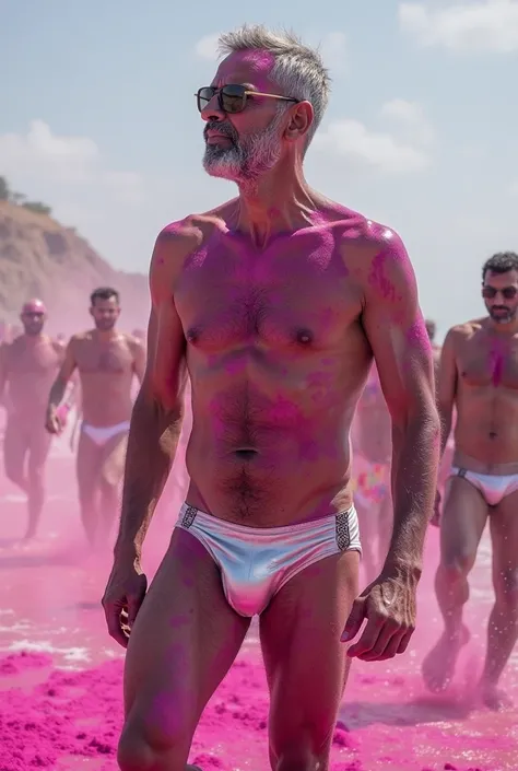 Create a highly detailed and realistic image of 2 Senior  clean shaven  Kejriwal  Indian 60 year old   wearing silver micro briefs celebrating Holi on beach with daddy    . Whole body is wet and uniformly magenta   coloured . Face is dense  uniformly silve...