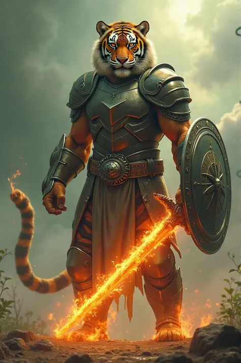 Generate full-body image of a human-shaped, brown-eyed tiger , with a fiery sword in his right hand a shield in his left hand ,  an iron armor  , Fire came out of the ground and rays in the color green , With clouds behind 