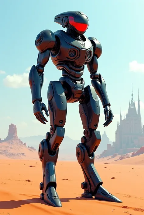 arafed robot standing in a desert with a city in the background, concept art by Android Jones, Artstation contest winner, digital art, mech robot futuristic, full body mech, sci-fi mech, painterly humanoid mecha, black battletech style, portrait of a mech,...