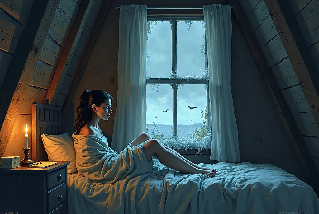 illustration, for ren book, Sara, on her bed, in small, cold attic room, The wind howling outside, rattling the windowpanes