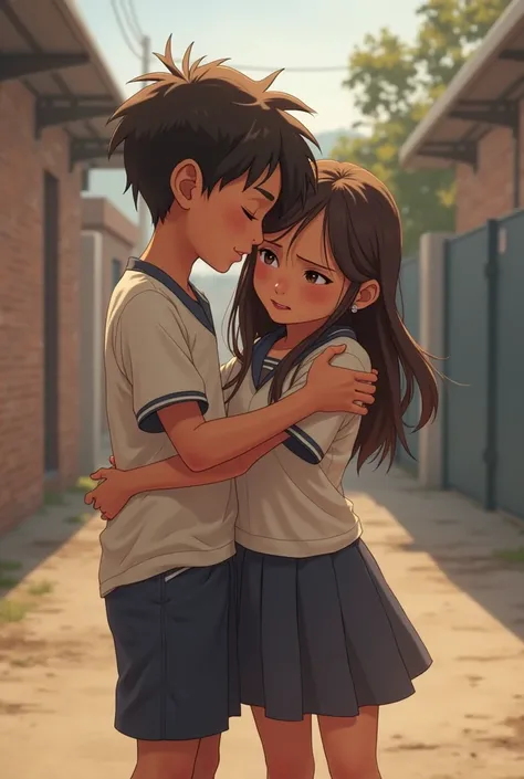 A  boy and girl, comforting his friend in the schoolyard