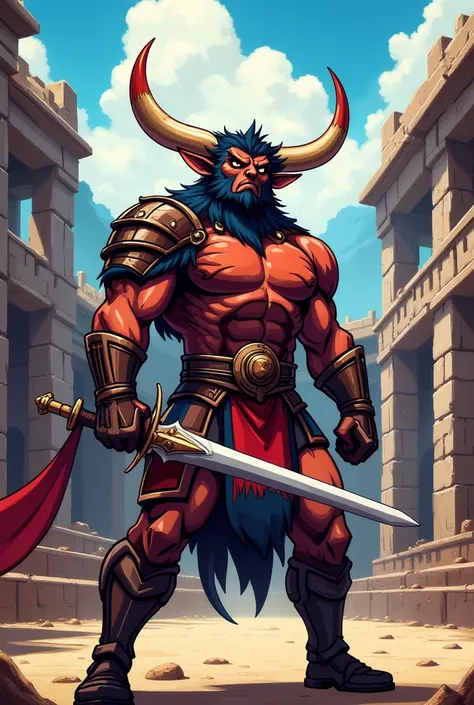 a minotaur in medieval gladiator clothing, style of the 90s anime image,  realistic face ,  muscular body, fierce expression, holding a sword, in an ancient combat arena, dramatic light and shadows, vivid colors,  digital painting , conceptual art,  detail...